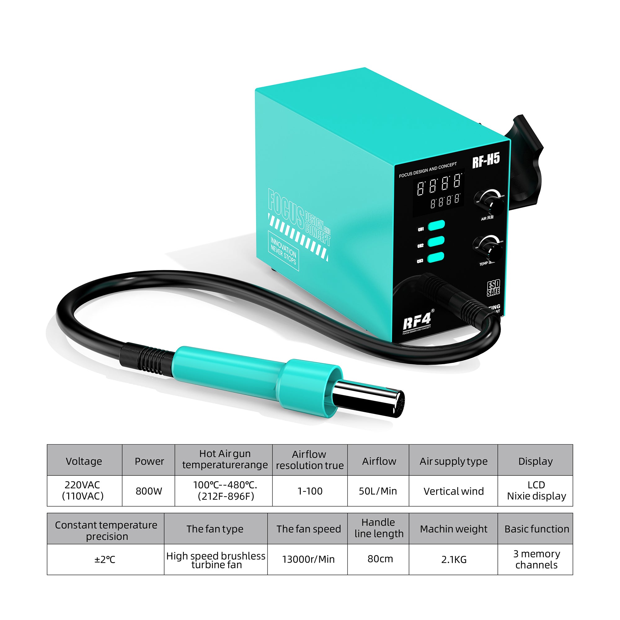 RF4 RF-H5 800W BGA Rework Solder Station Soldering Heat Air Gun with 5 Nozzles RF4 RF-H5 800W BGA Rework Solder Station Soldering Heat Air Gun with 5 Nozzles